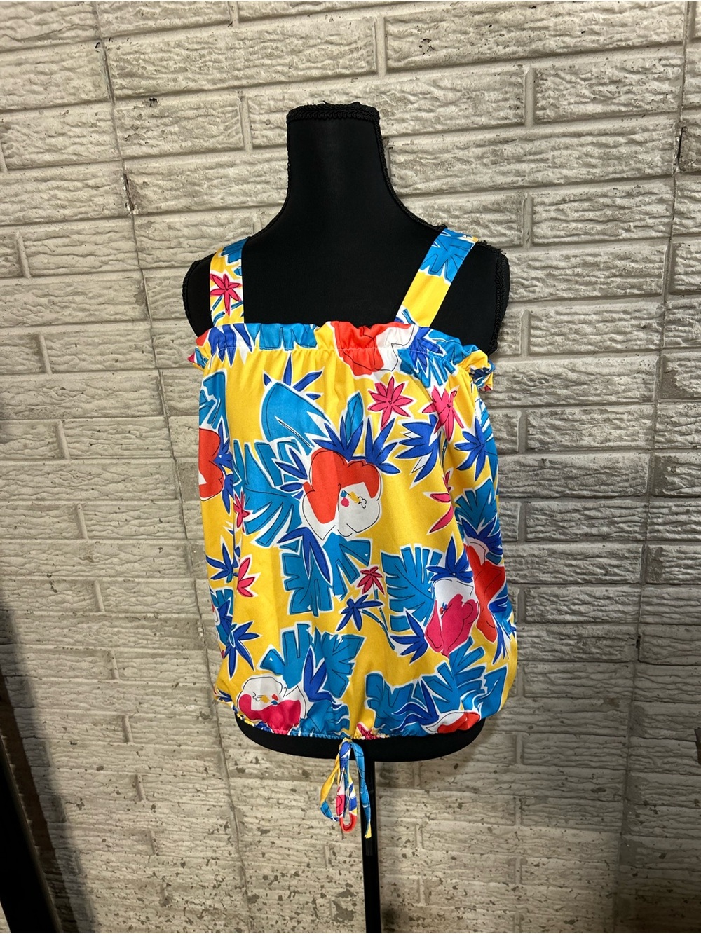 Vintage 1970s Tropical Print Tank Drawstring Bottom Adjustable Button Straps